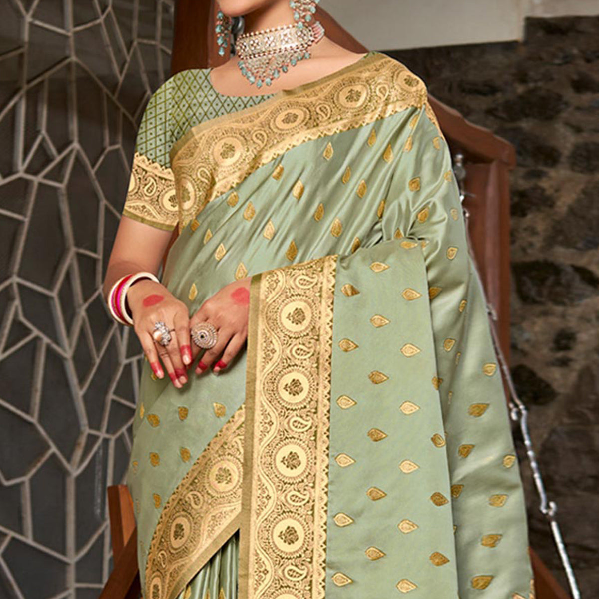 Light Green Woven Satin Silk Saree With Tassels