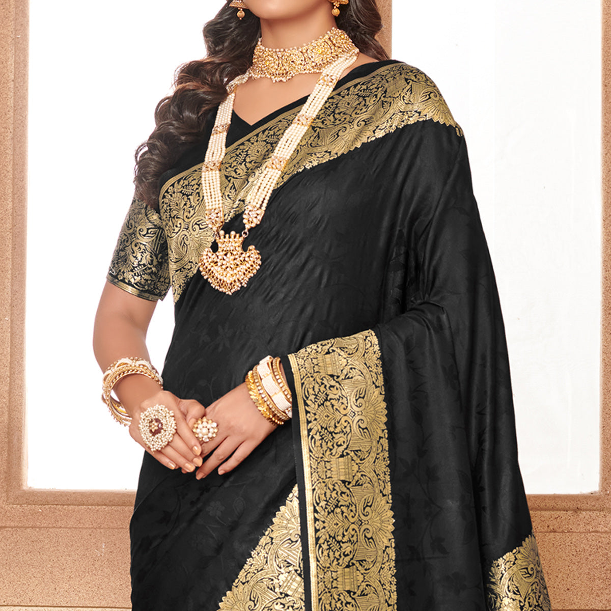 Black Floral Woven Banarasi Silk Saree With Tassels