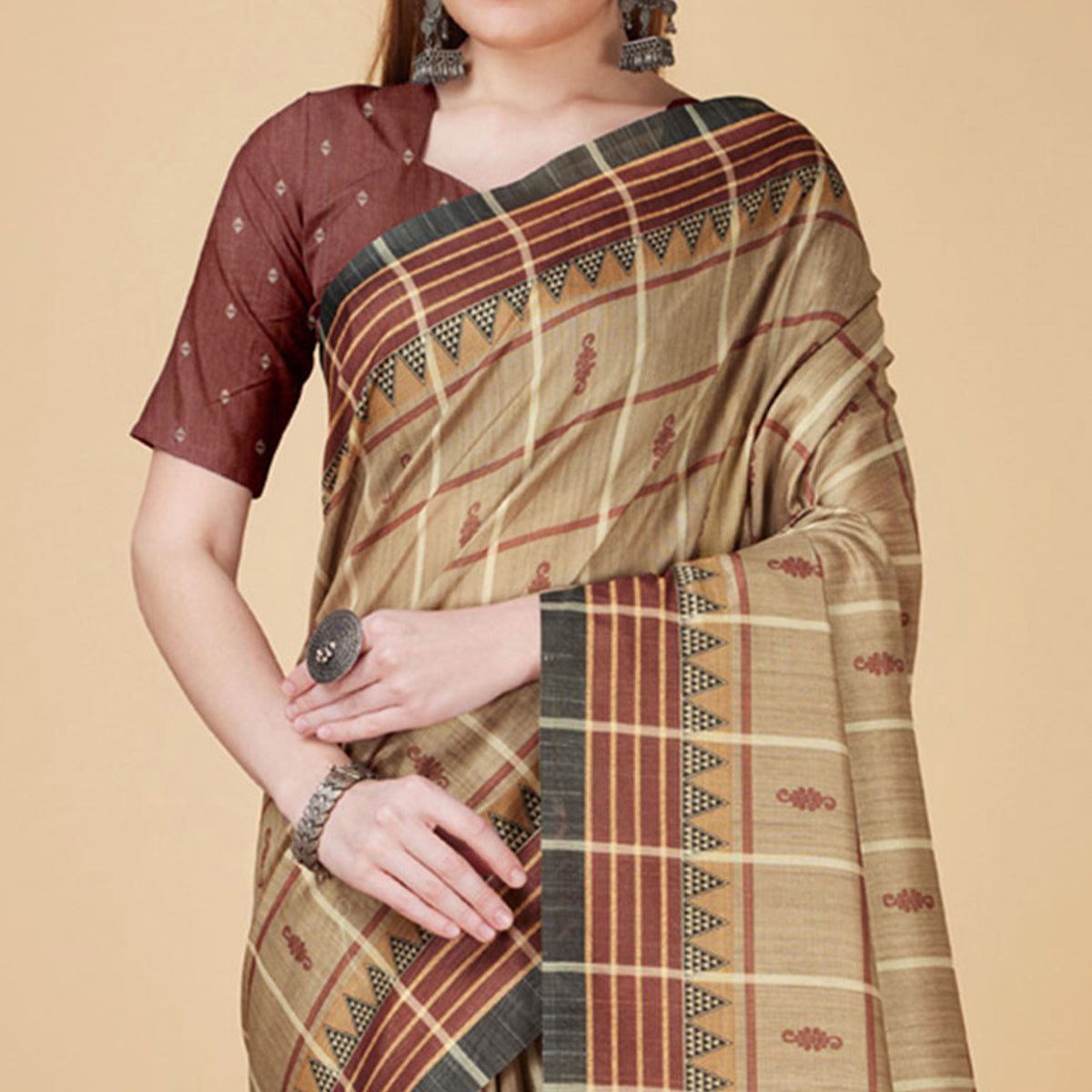 Beige Digital Printed Cotton Silk Saree With Tassels