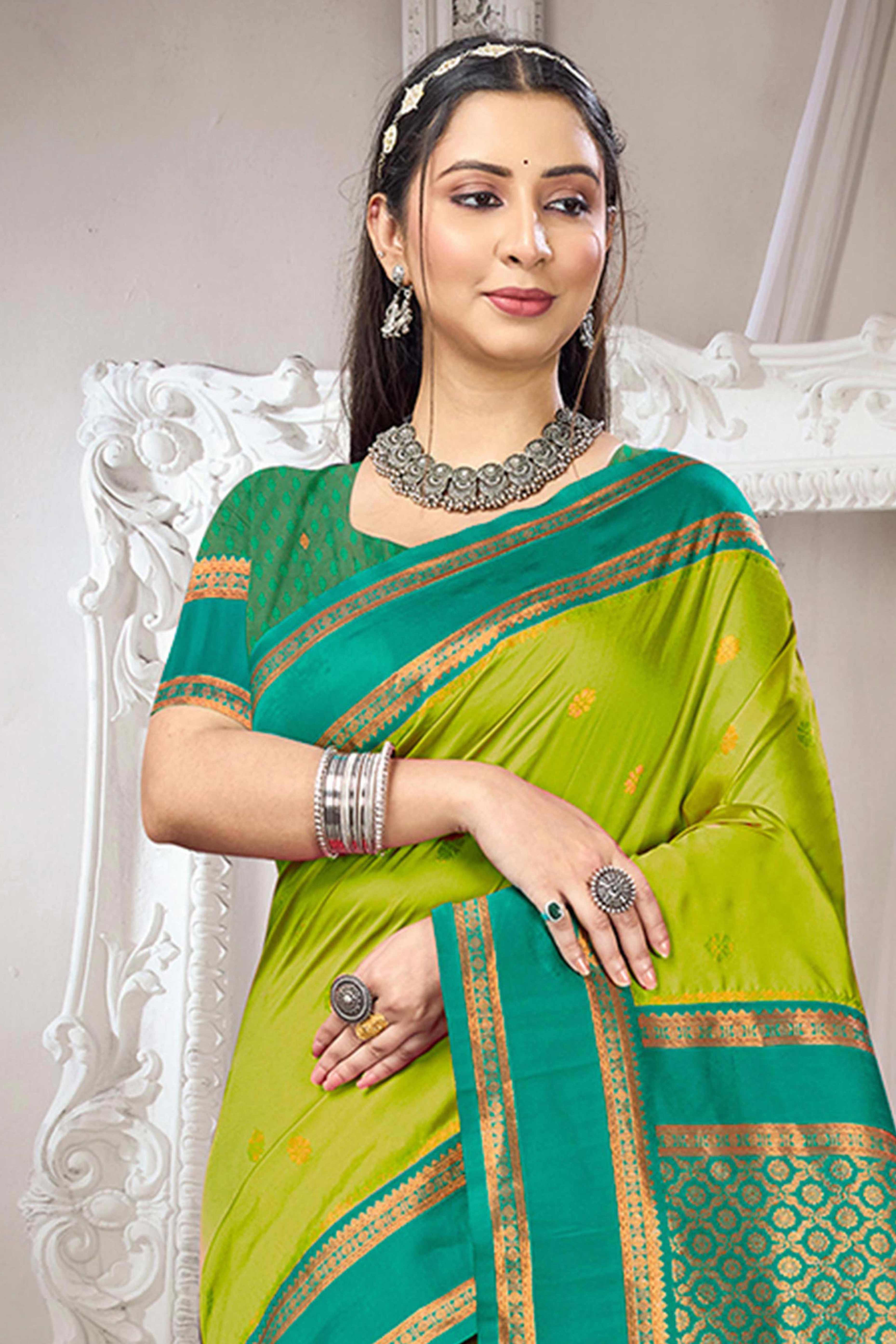 Classic Parrot Green Floral Motif Weaving Silk Blend Saree With Tassel Pallu