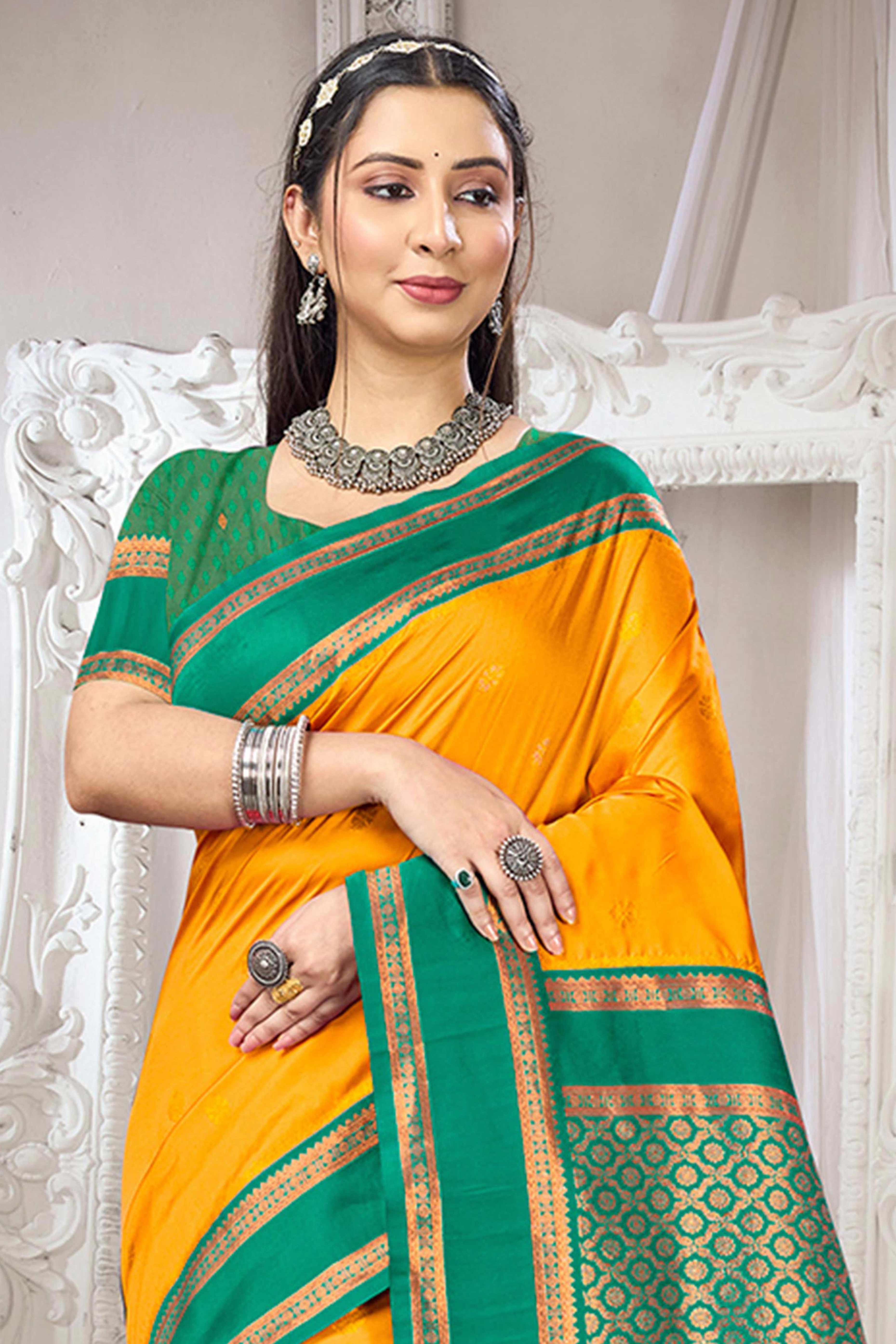 Classic Mustard Floral Motif Weaving Silk Blend Saree With Tassel Pallu