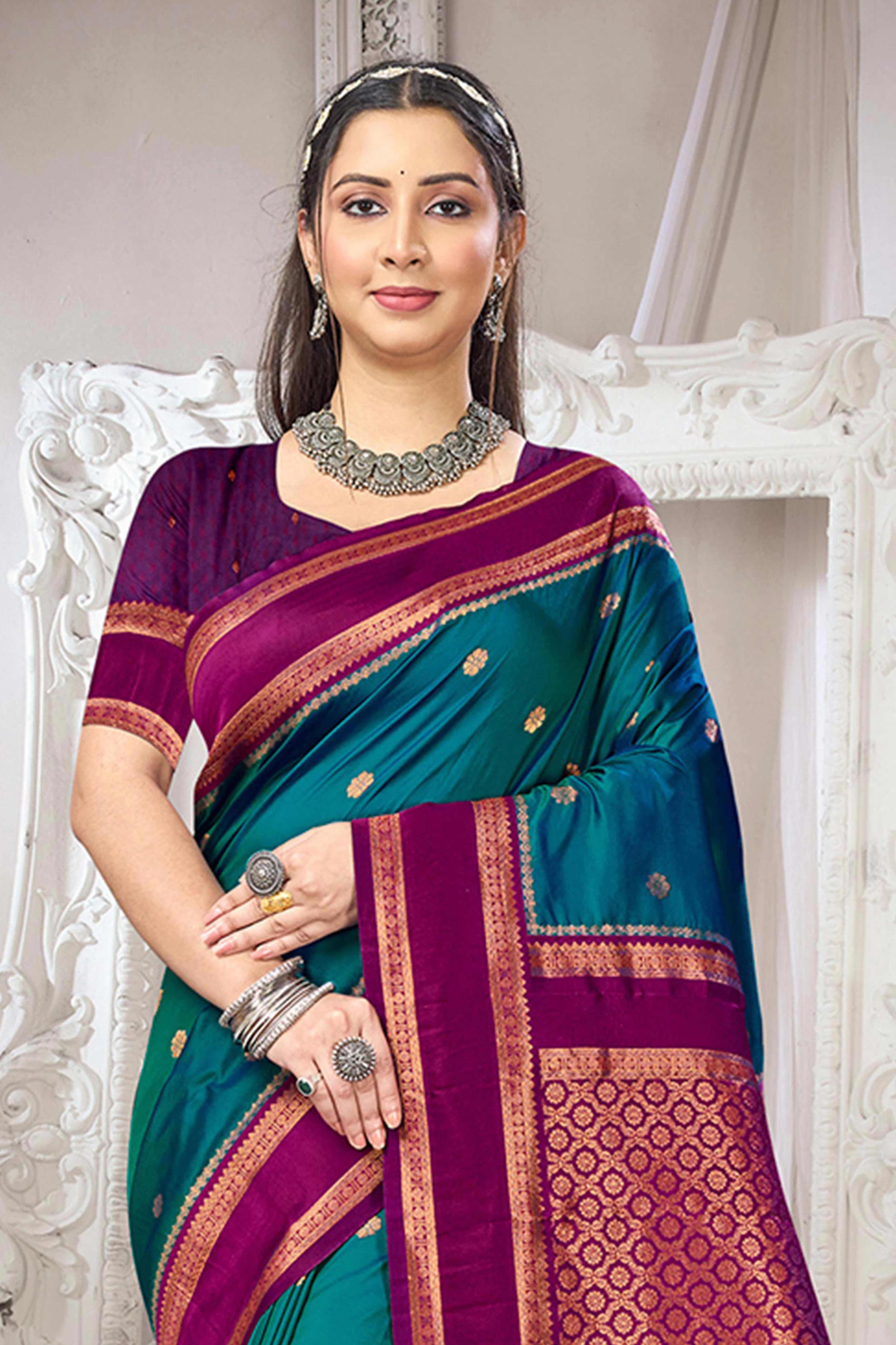 Classic Morpich Blue Floral Motif Weaving Silk Blend Saree With Tassel Pallu