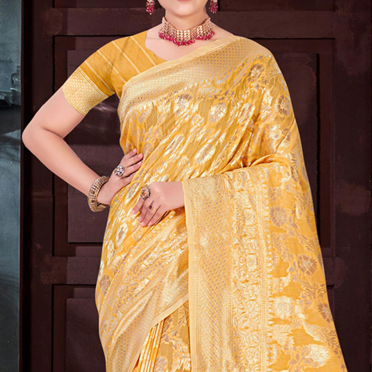 Mustard Floral Woven Cotton Blend Saree