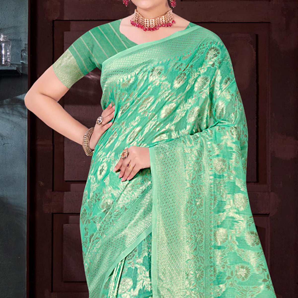 Sea Green Floral Woven Cotton Blend Saree