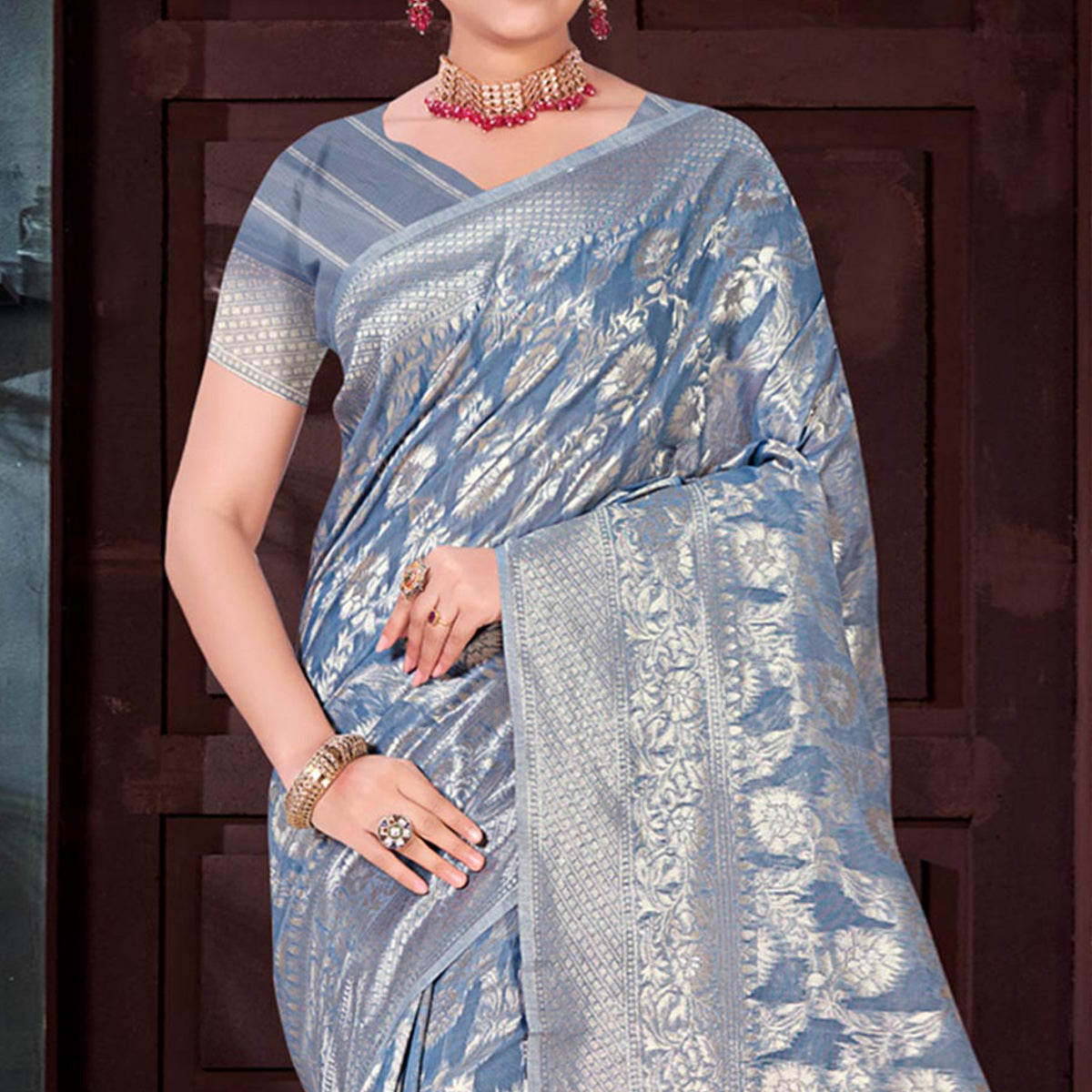 Greyish Blue Floral Woven Cotton Blend Saree