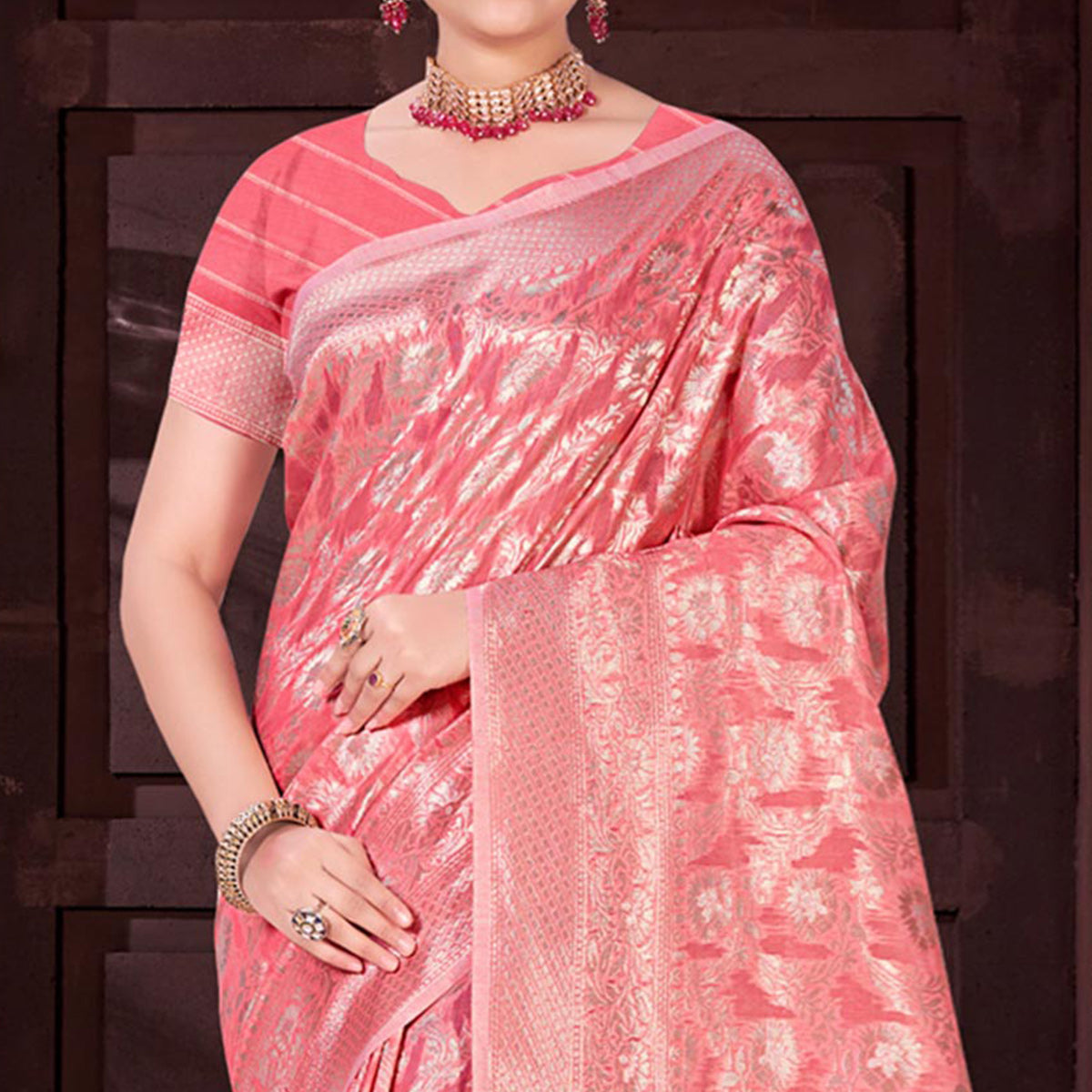 Gajari Pink Floral Woven Cotton Blend Saree