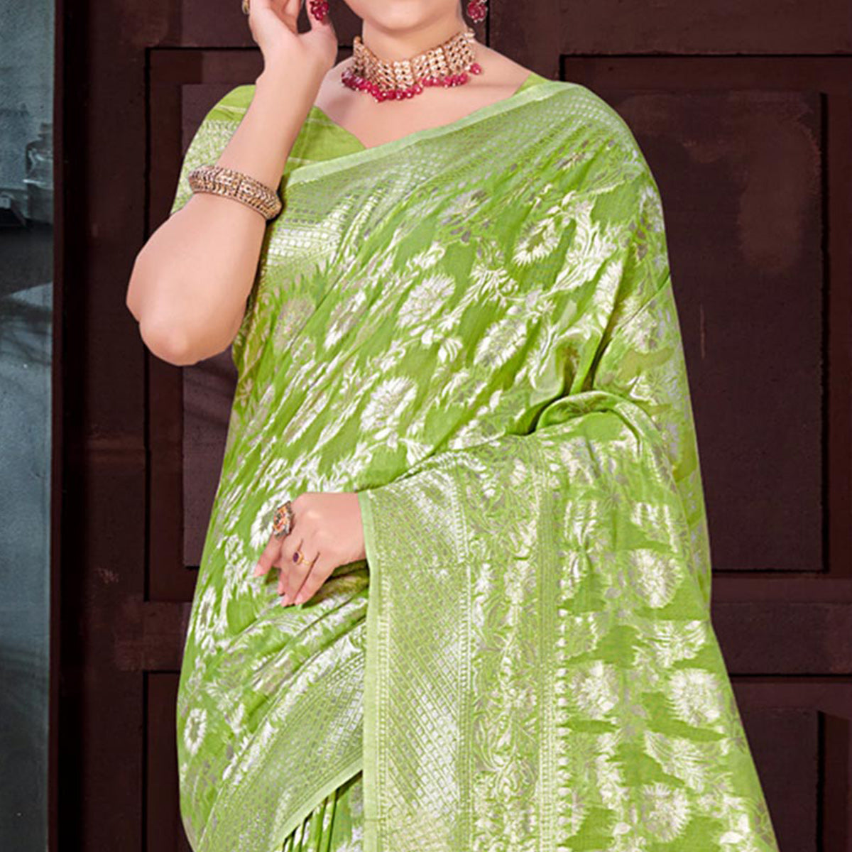 Green Floral Woven Cotton Blend Saree