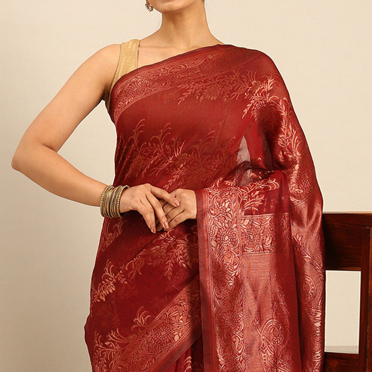 Maroon Floral Woven Cotton Silk Saree