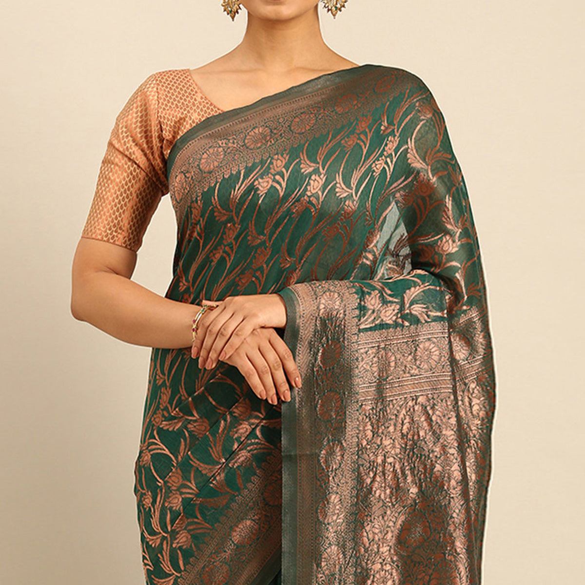 Rama Green Floral Woven Cotton Silk Saree