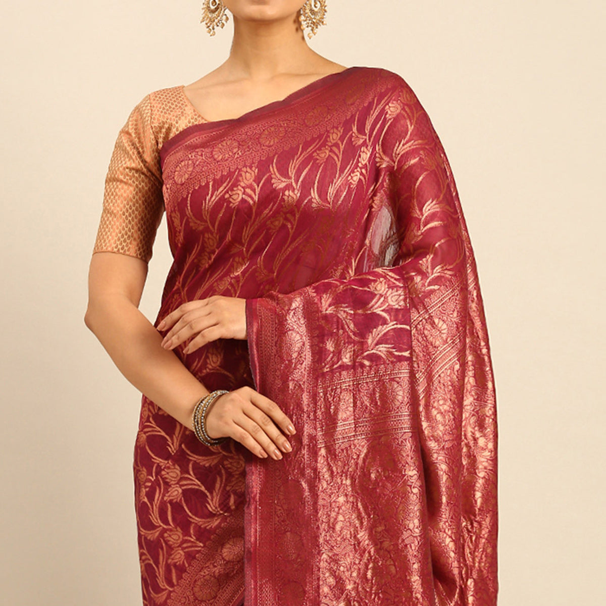Magenta Floral Woven Cotton Silk Saree