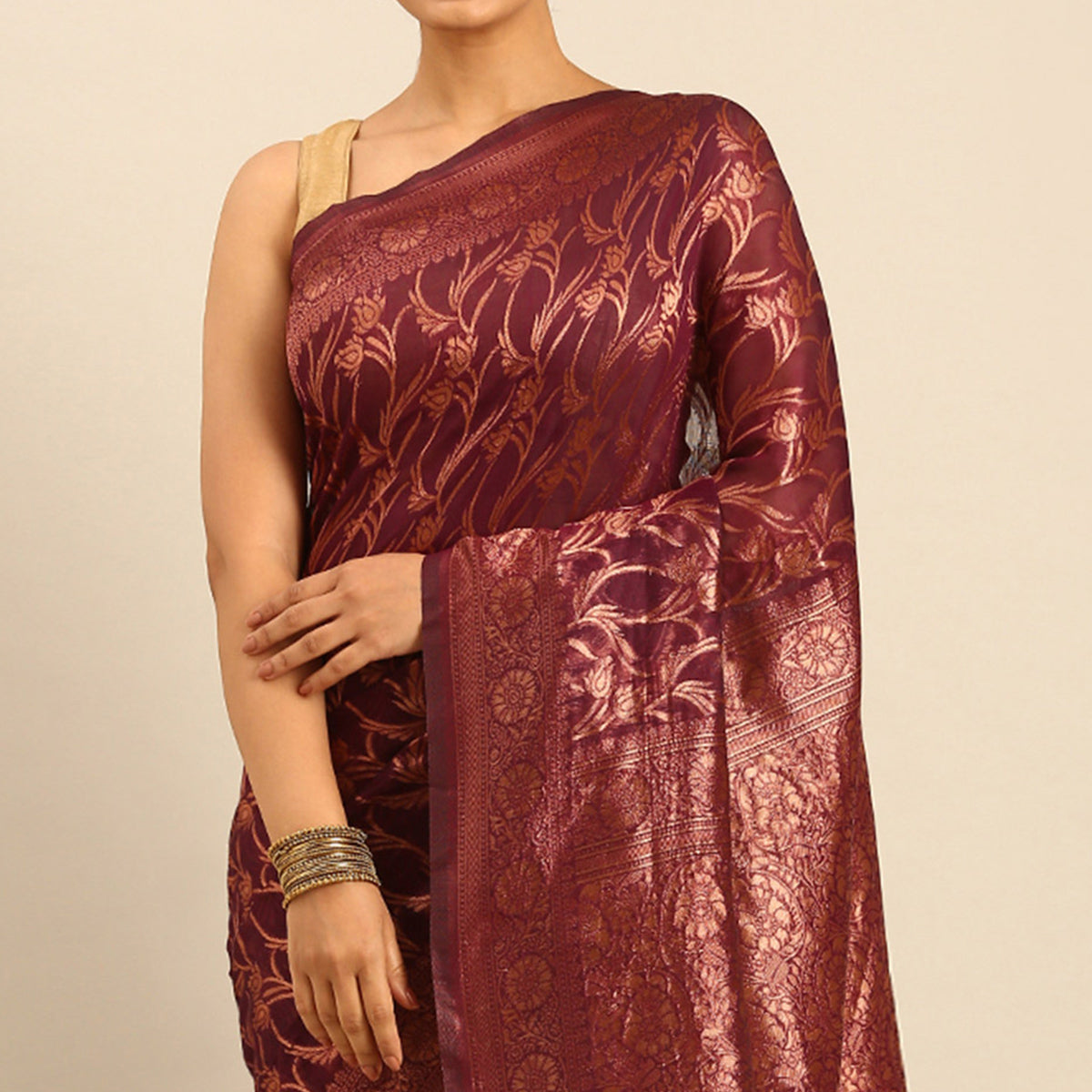 Wine Floral Woven Cotton Silk Saree