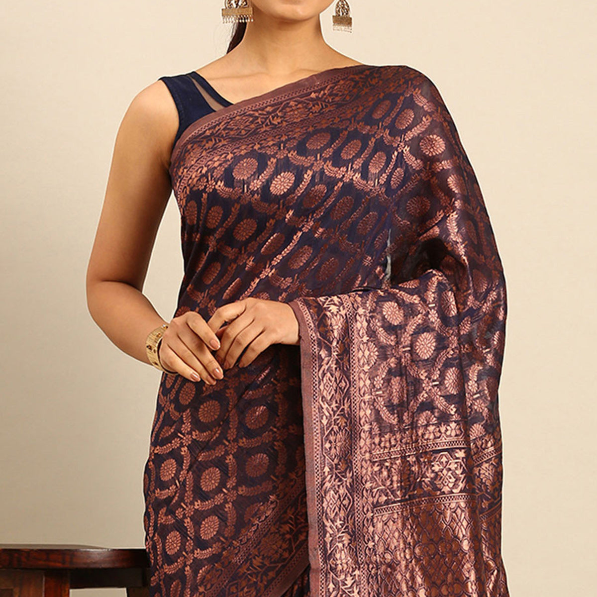 Navy Blue Floral Woven Cotton Silk Saree