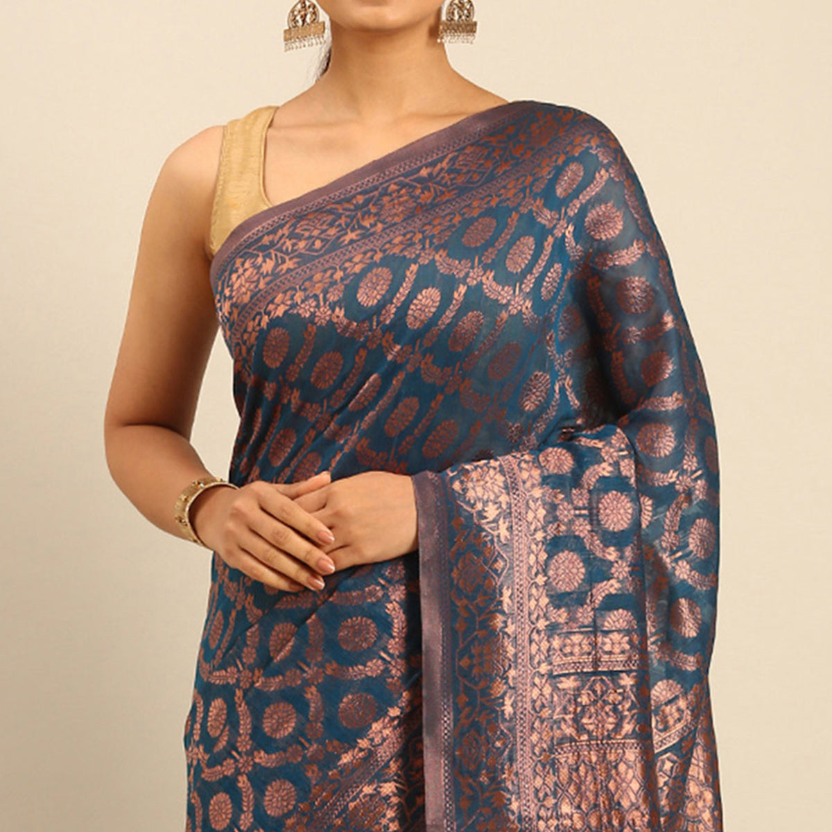 Teal Floral Woven Cotton Silk Saree