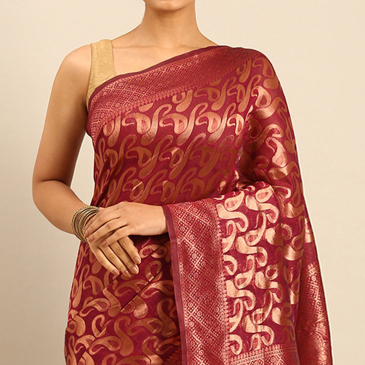 Magenta Floral Woven Cotton Silk Saree