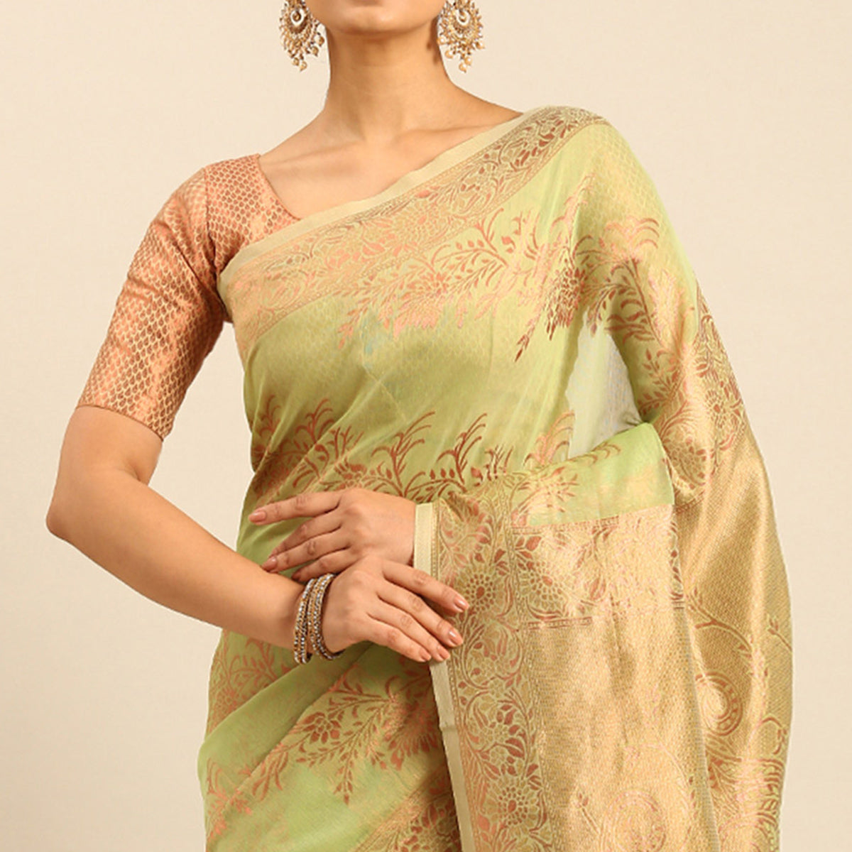 Green Floral Woven Cotton Silk Saree