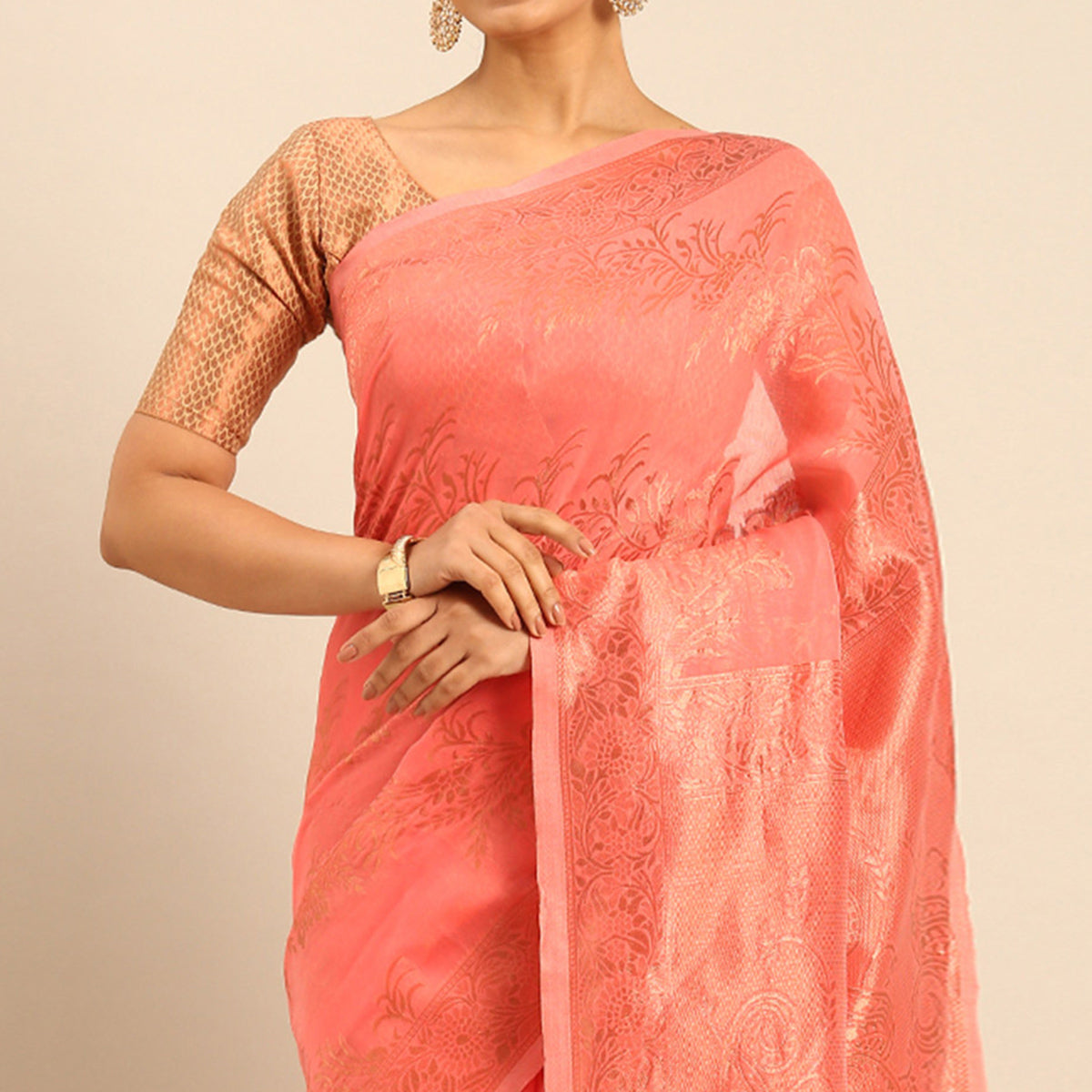 Gajari Pink Floral Woven Cotton Silk Saree