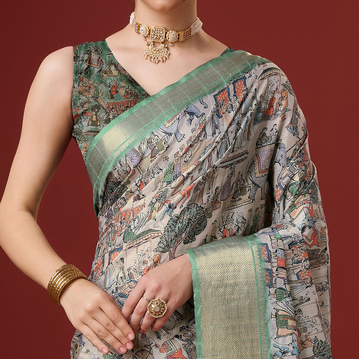 Ash Grey Digital Printed Cotton Silk Saree