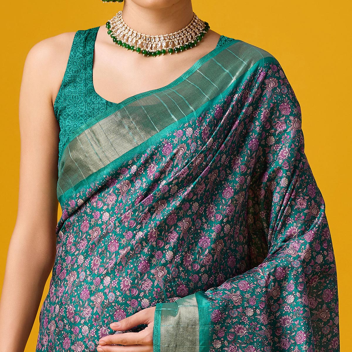 Rama Green Digital Printed Cotton Silk Saree