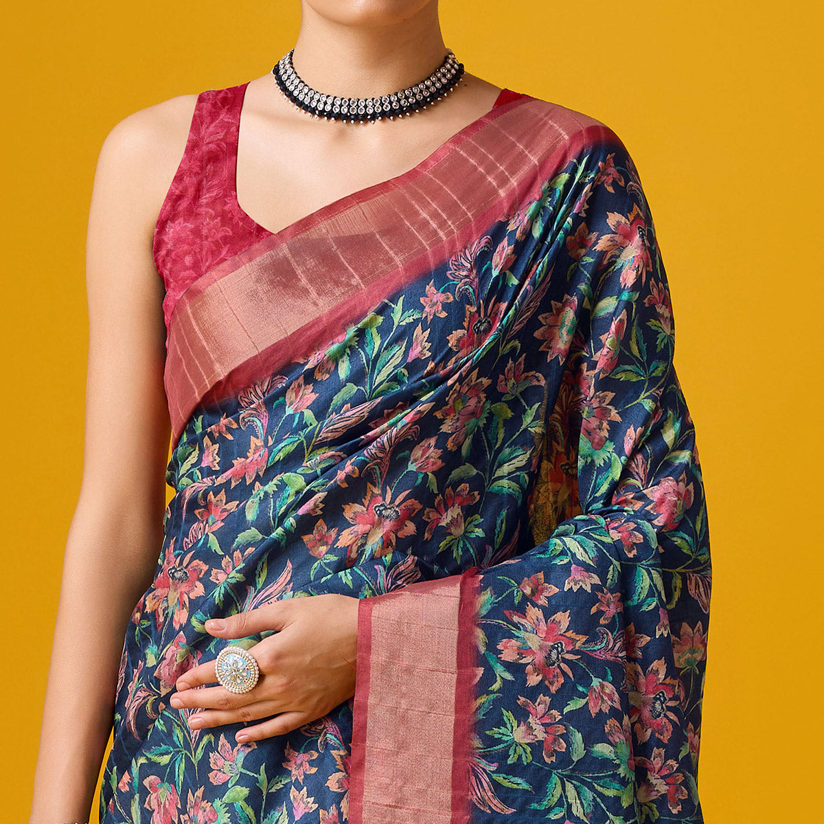 Navy Blue Digital Printed Cotton Silk Saree