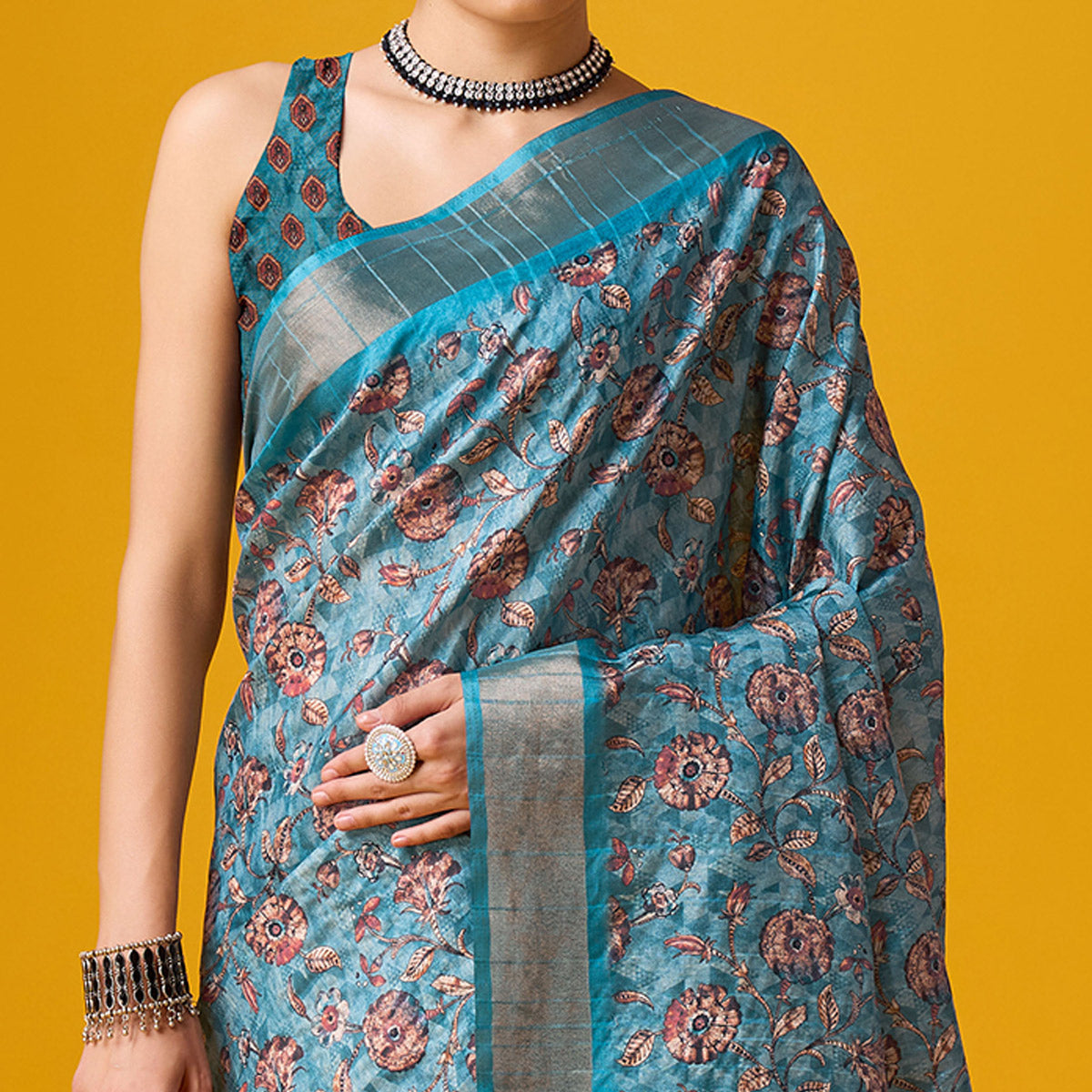 Sky Blue Digital Printed Cotton Silk Saree