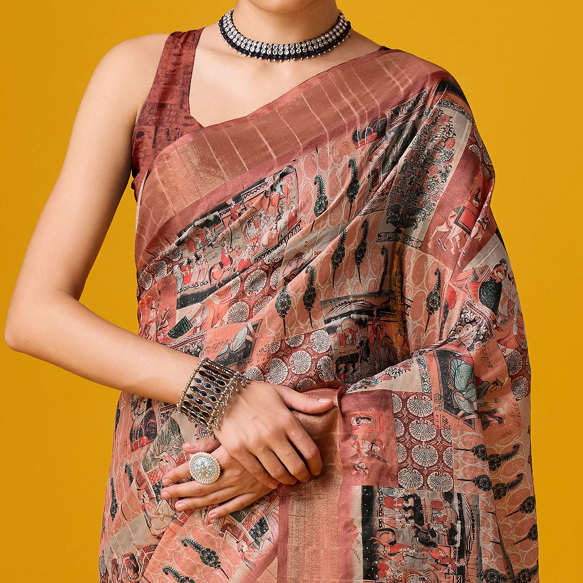 Peach Digital Printed Cotton Silk Saree