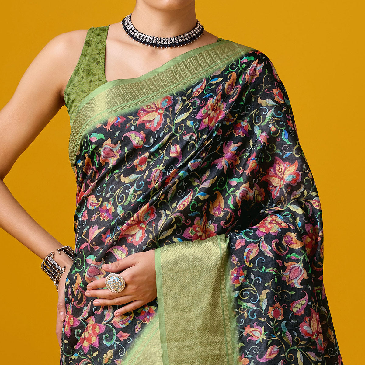 Black Digital Printed Cotton Silk Saree