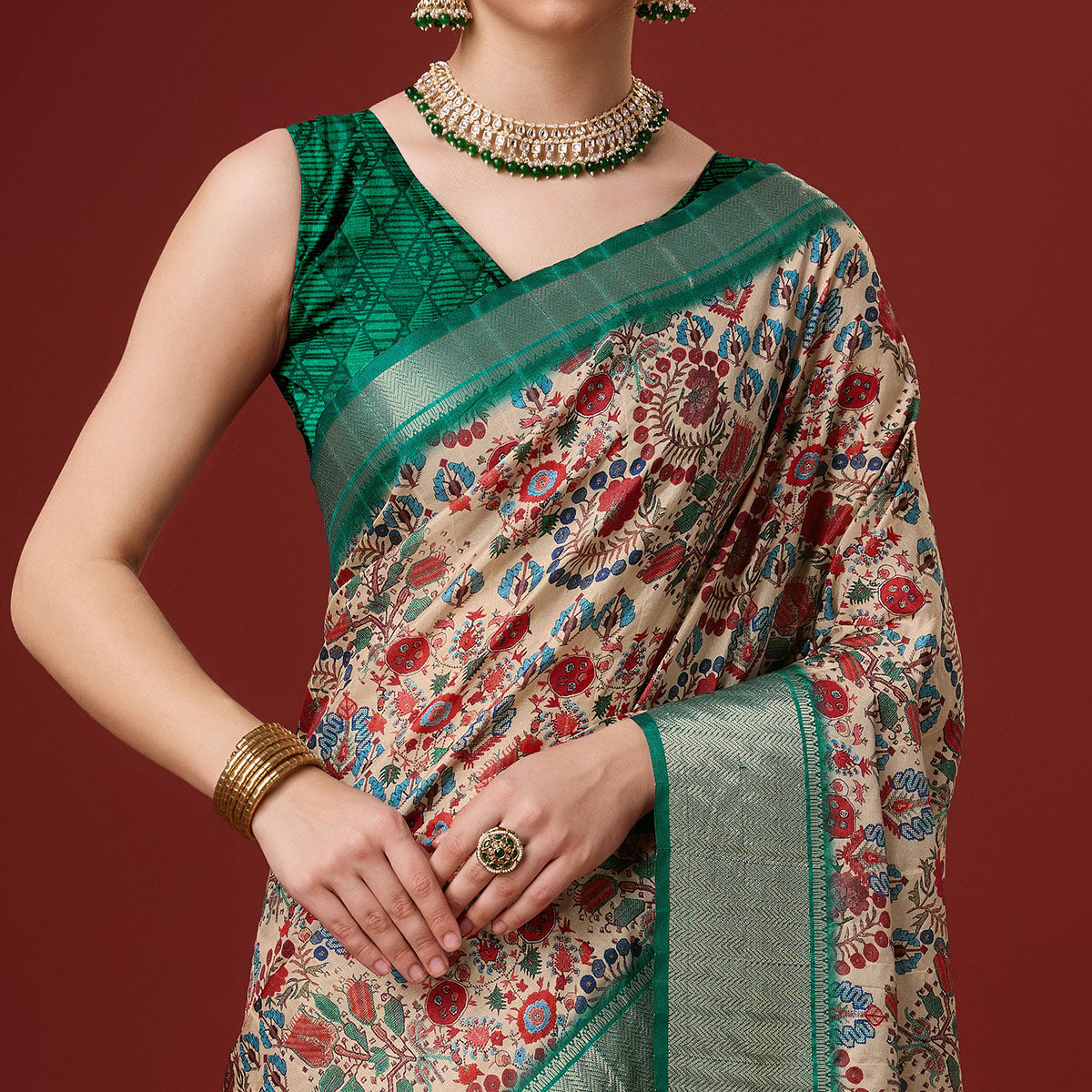 Beige Digital Printed Cotton Silk Saree With Border