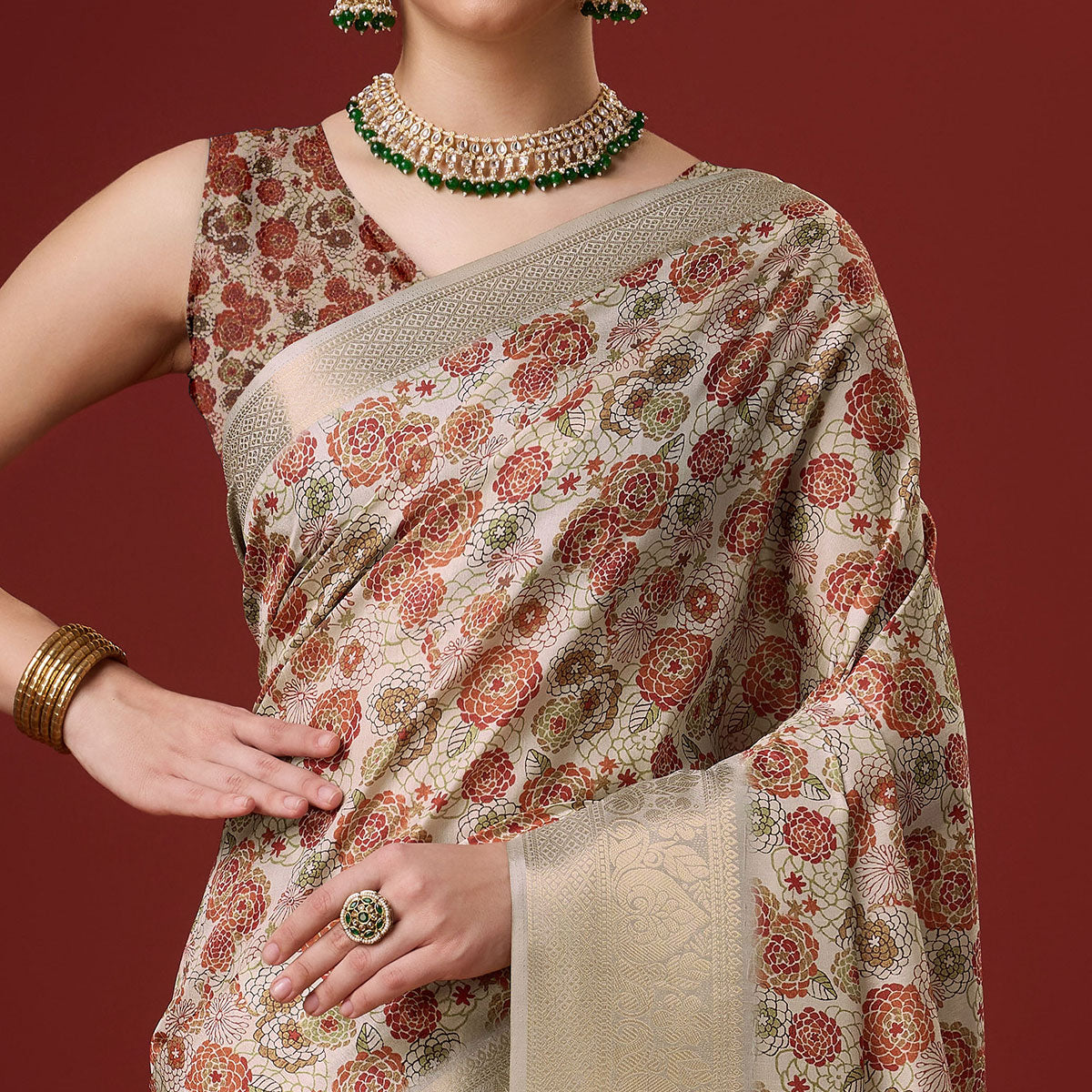Beige Digital Printed Cotton Silk Saree With Border