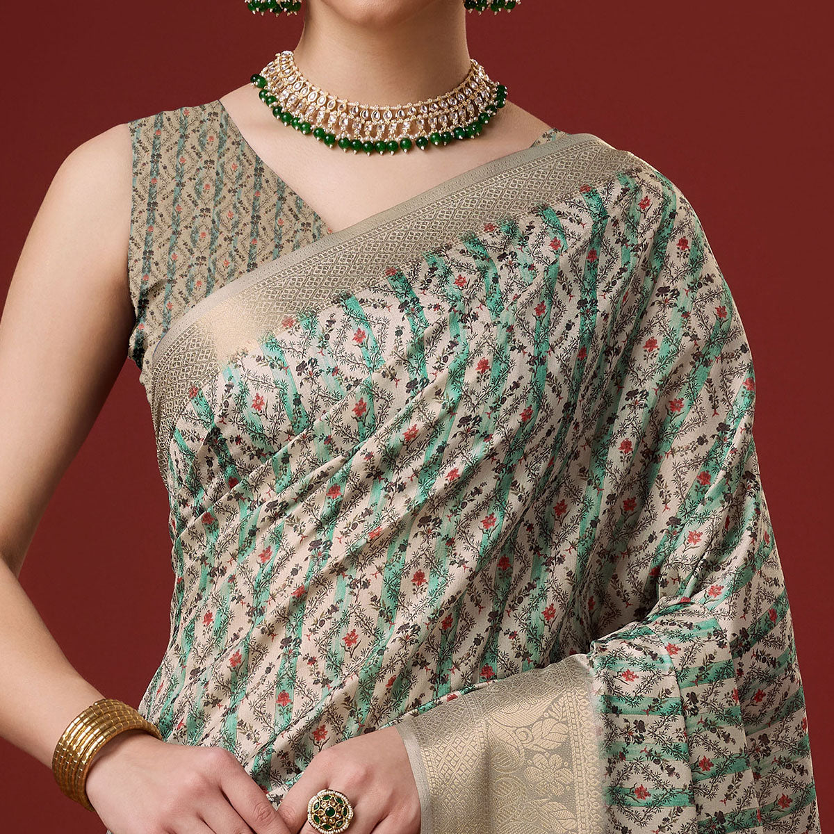 Beige Digital Printed Cotton Silk Saree With Border