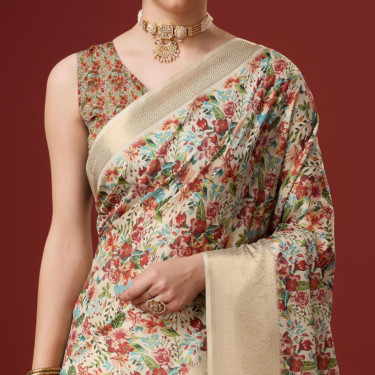 Beige Digital Printed Cotton Silk Saree With Border