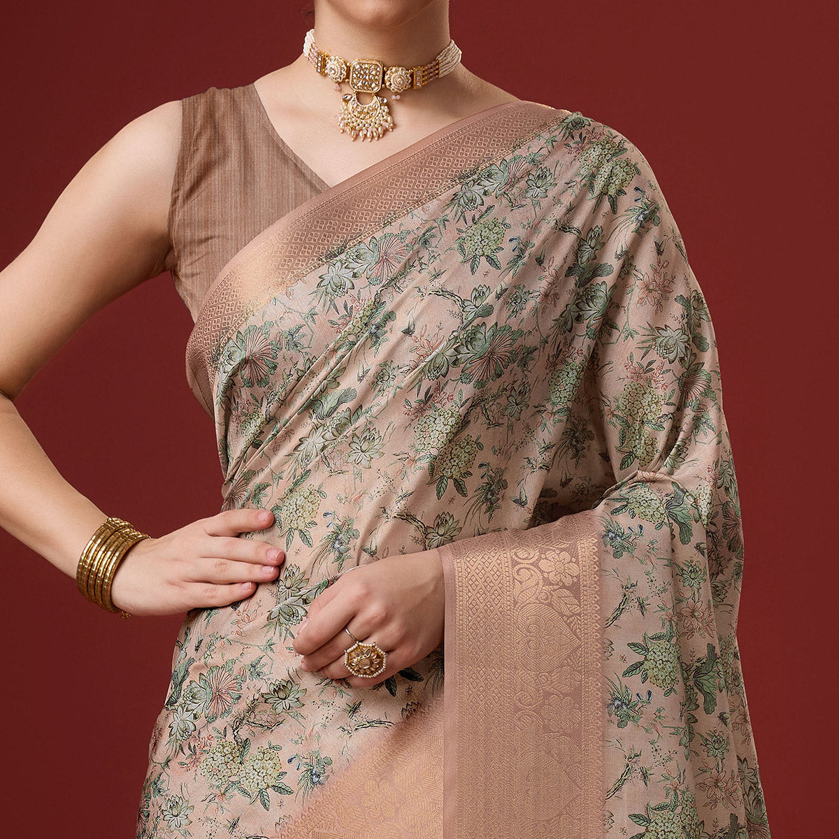 Beige Digital Printed Cotton Silk Saree With Border