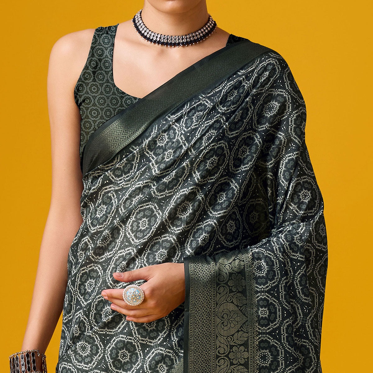 Black Digital Printed Cotton Silk Saree With Border