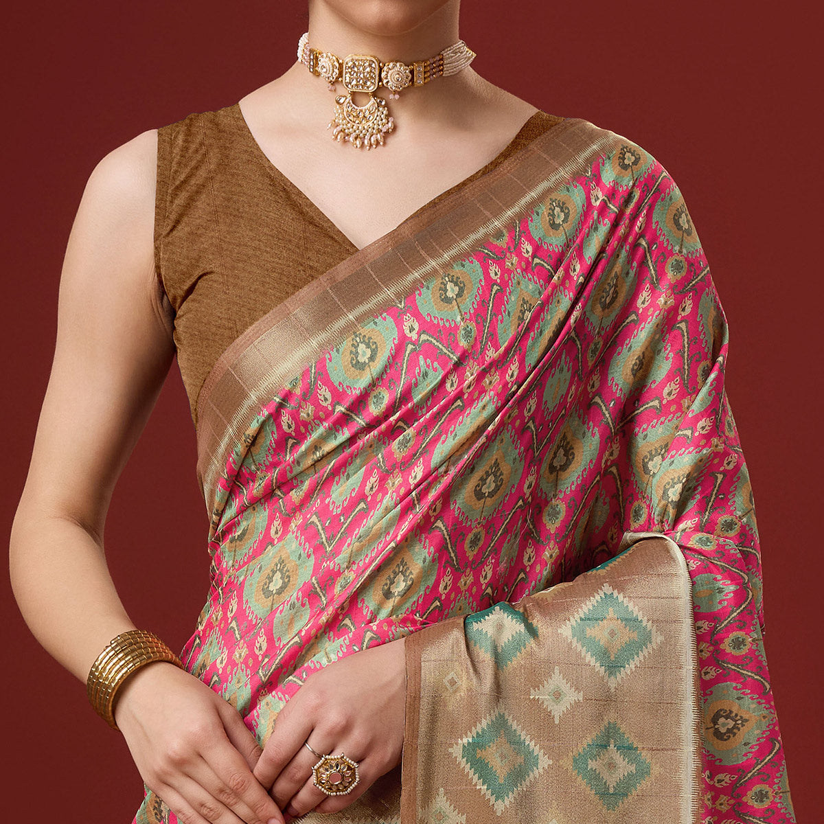 Pink Digital Printed Cotton Silk Saree With Border