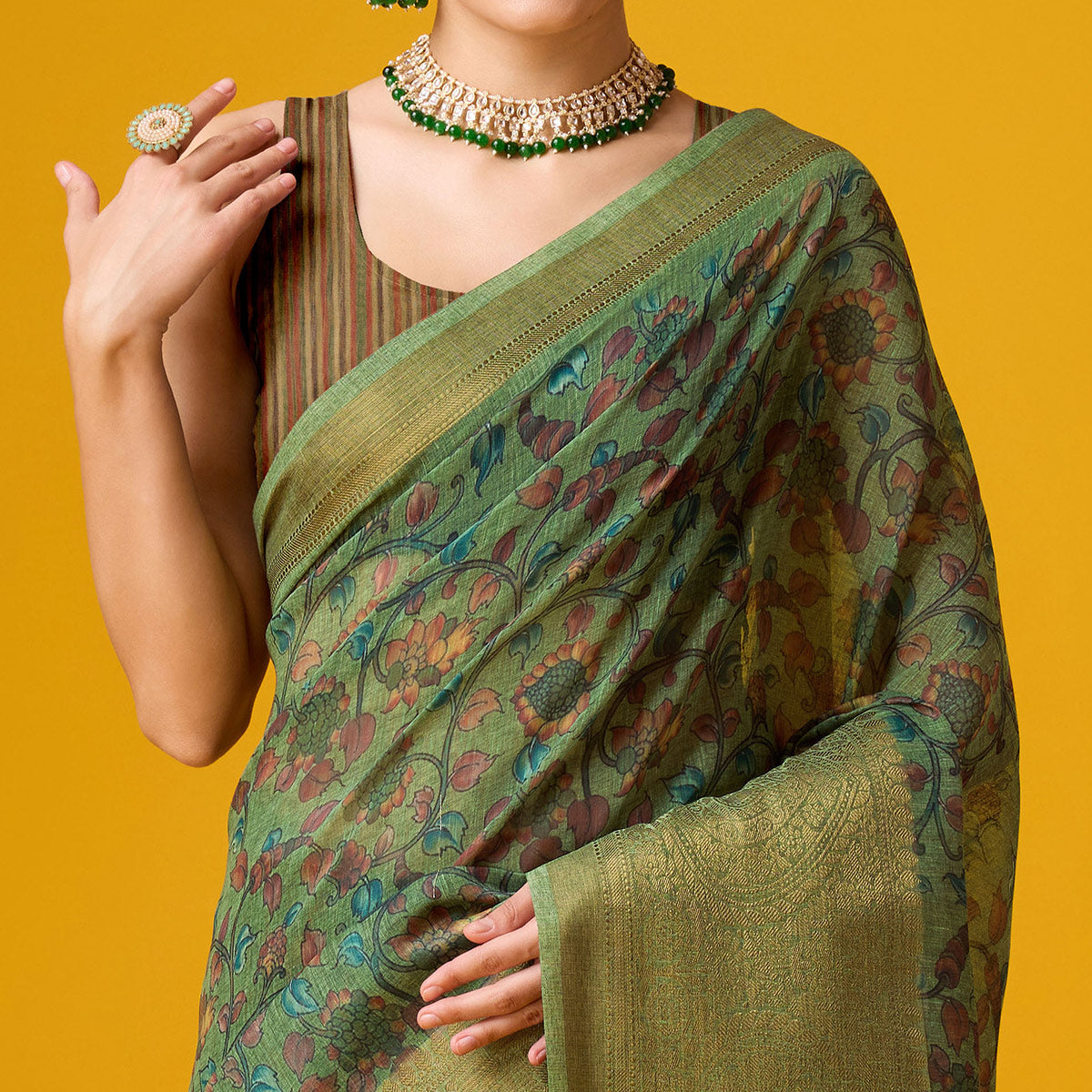 Green Digital Printed Cotton Silk Saree With Border