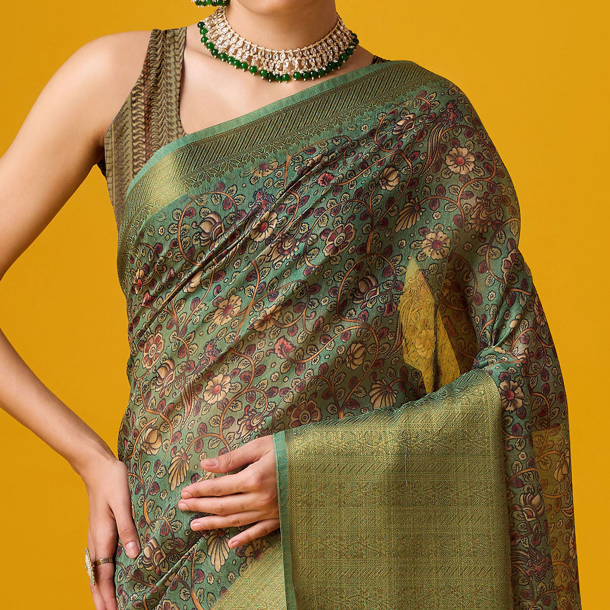 Dusty Green Digital Printed Cotton Silk Saree With Border