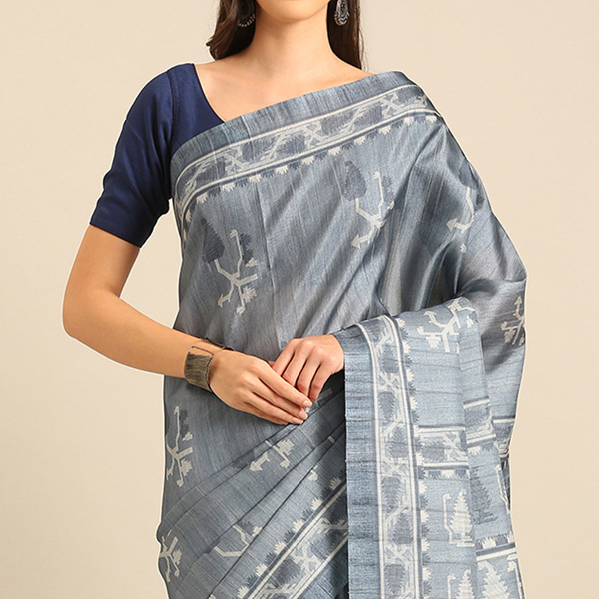 Grey Digital Print Cotton Blend Saree