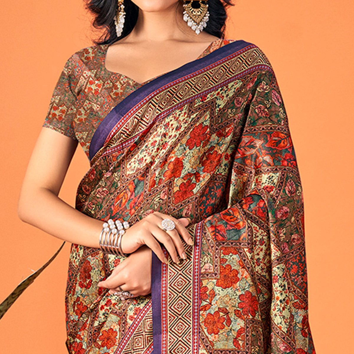 Multicolor Printed Pashmina Saree