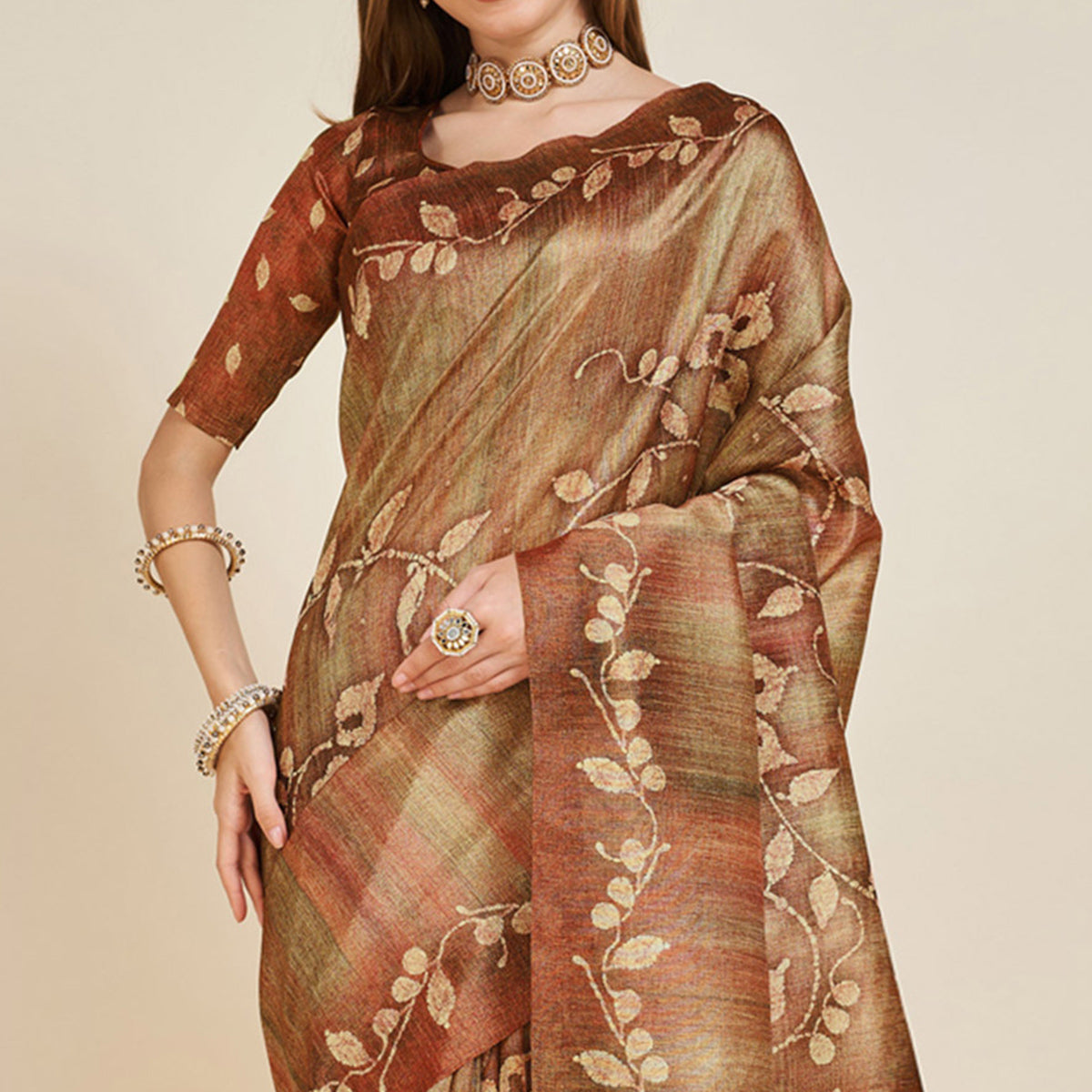 Brown Digital Printed Bhagalpuri Silk Saree With Tassels