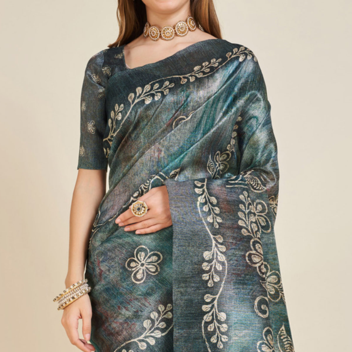 Grey Digital Printed Bhagalpuri Silk Saree With Tassels