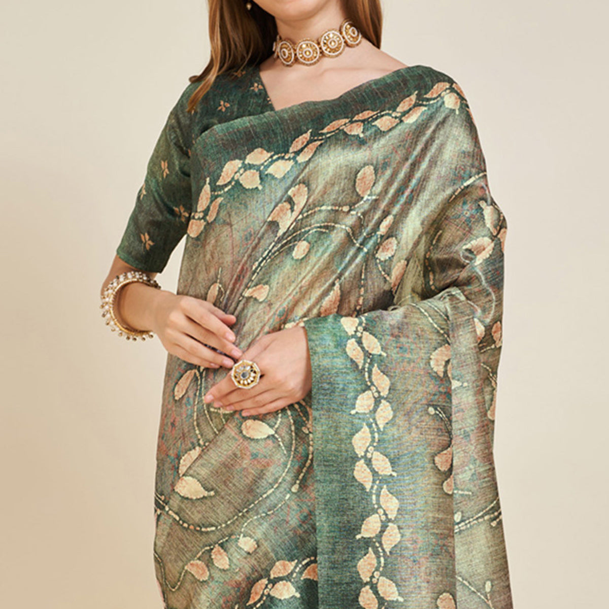 Green Digital Printed Bhagalpuri Silk Saree With Tassels