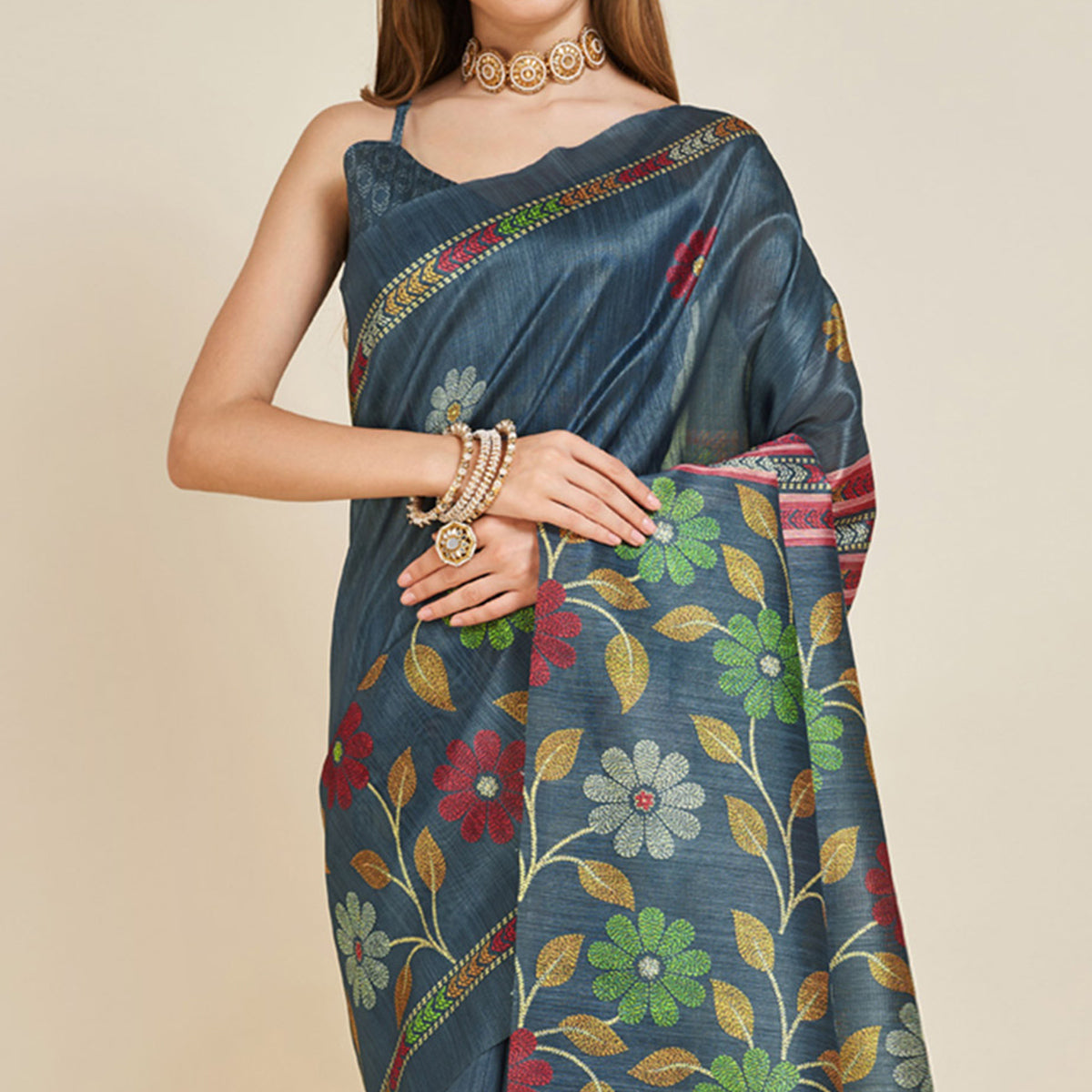 Bluish Grey Digital Printed Bhagalpuri Silk Saree With Tassels