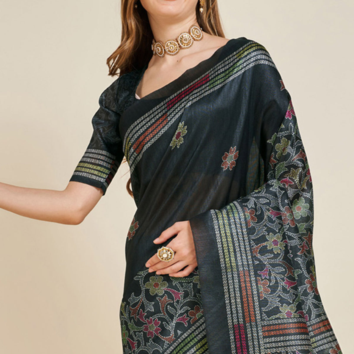 Black Digital Printed Bhagalpuri Silk Saree With Tassels