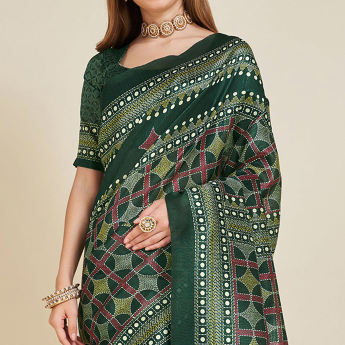 Green Digital Printed Bhagalpuri Silk Saree With Tassels