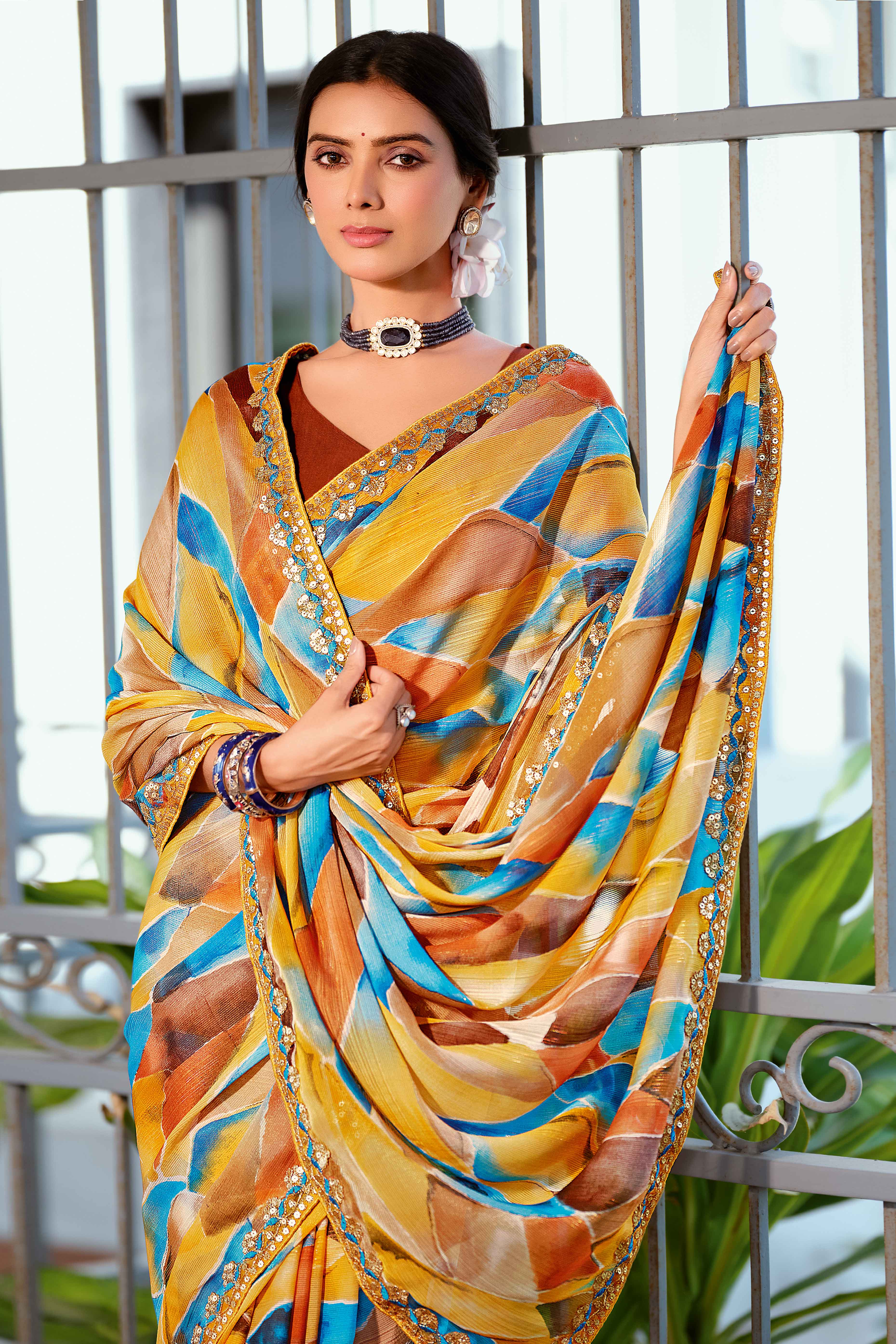 Festive Mustard Georgette Saree with Dazzling Sequin Work Border