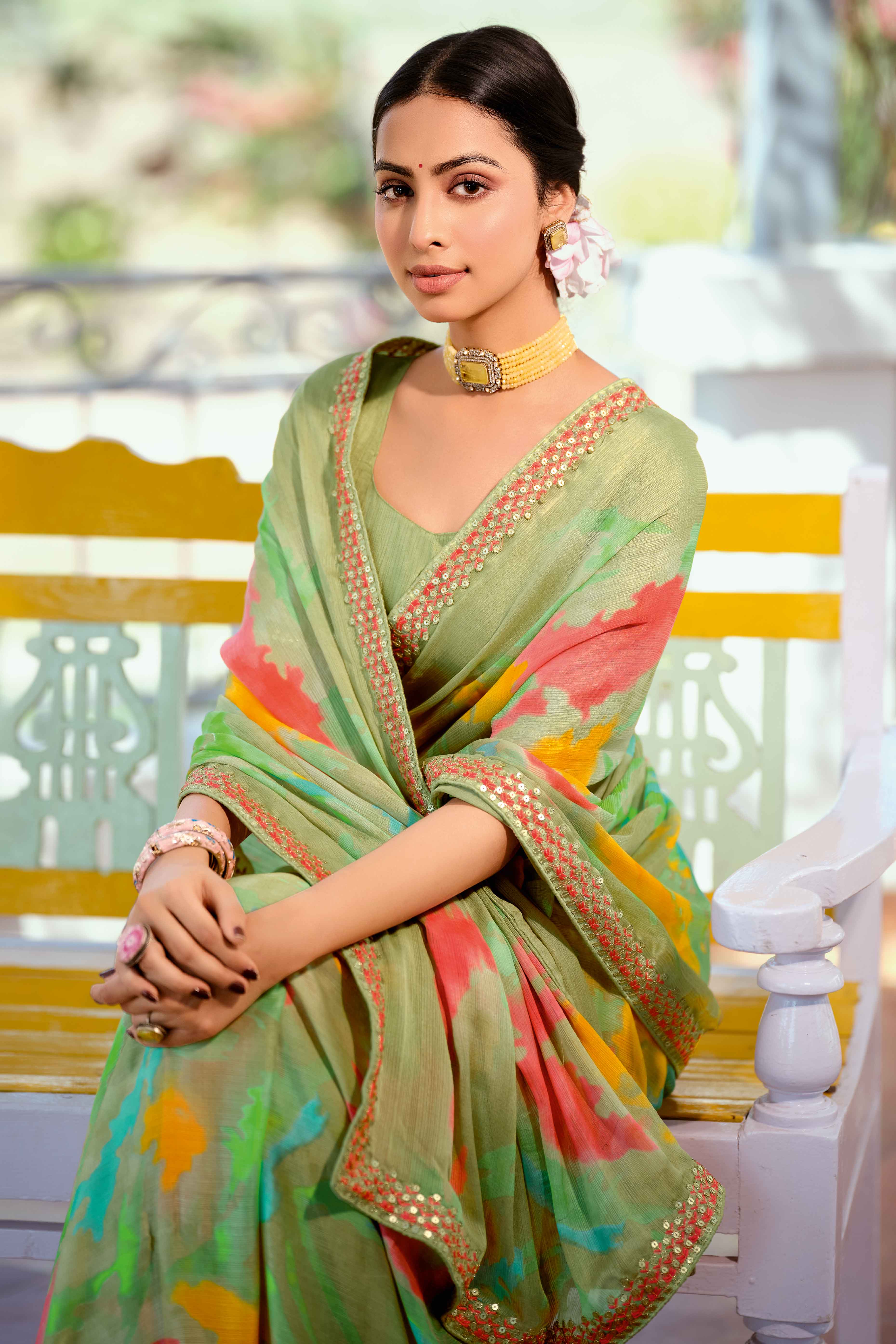 Festive Dusty Green Georgette Saree with Dazzling Sequin Work Border