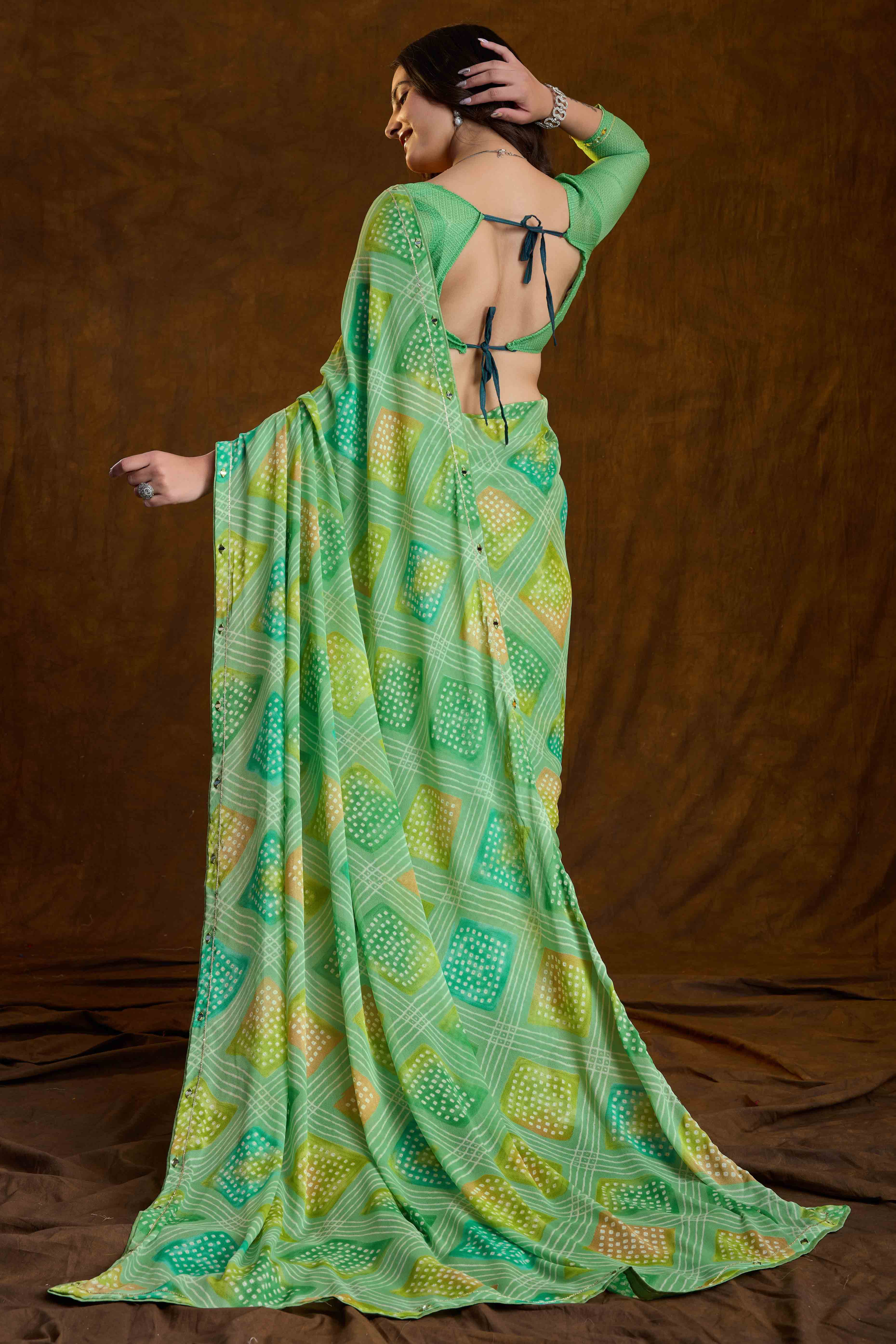 Green Bandhani Printed Chiffon Saree With Sparkling Mirror Work Border