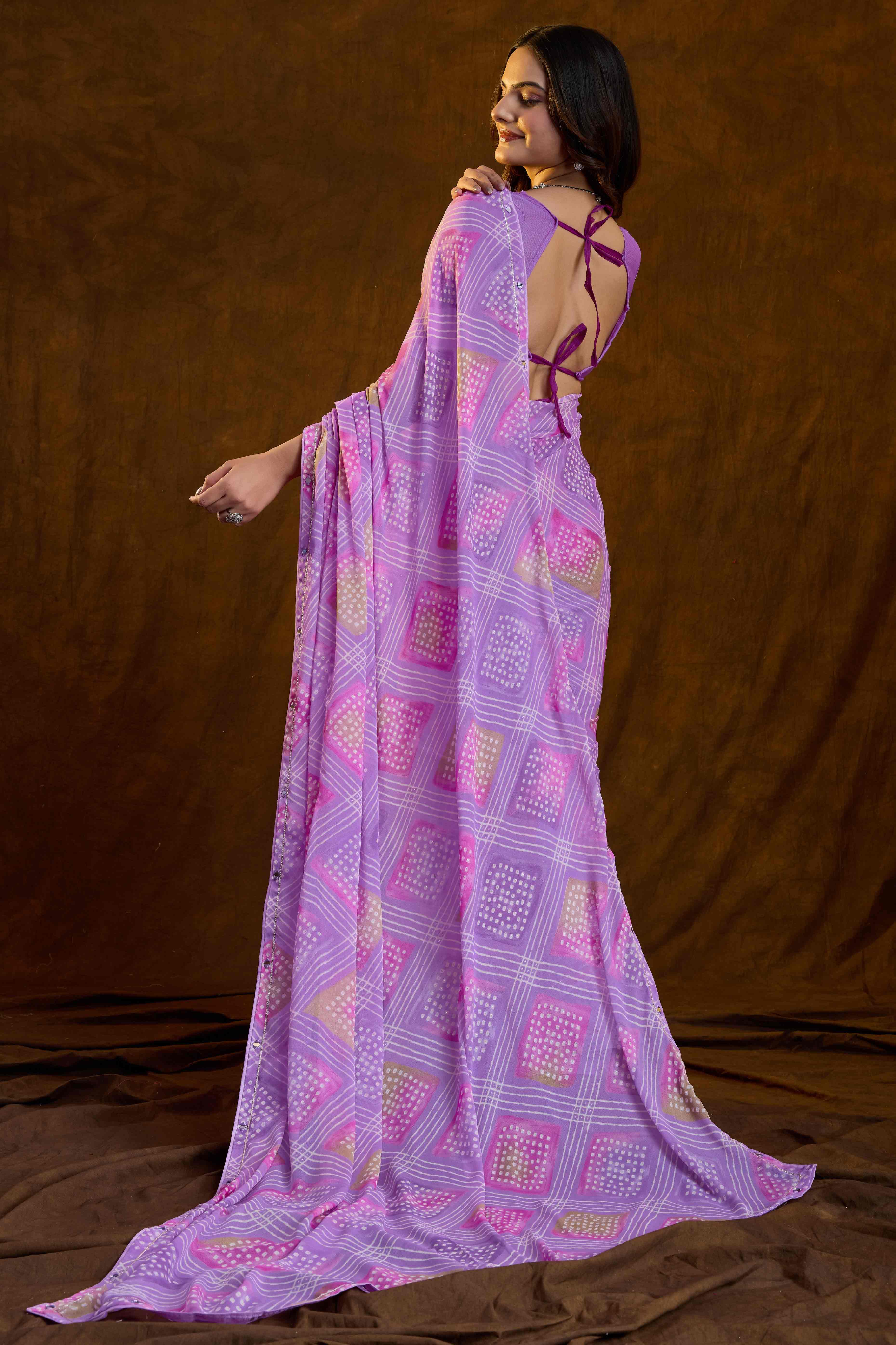 Purple Bandhani Printed Chiffon Saree With Sparkling Mirror Work Border