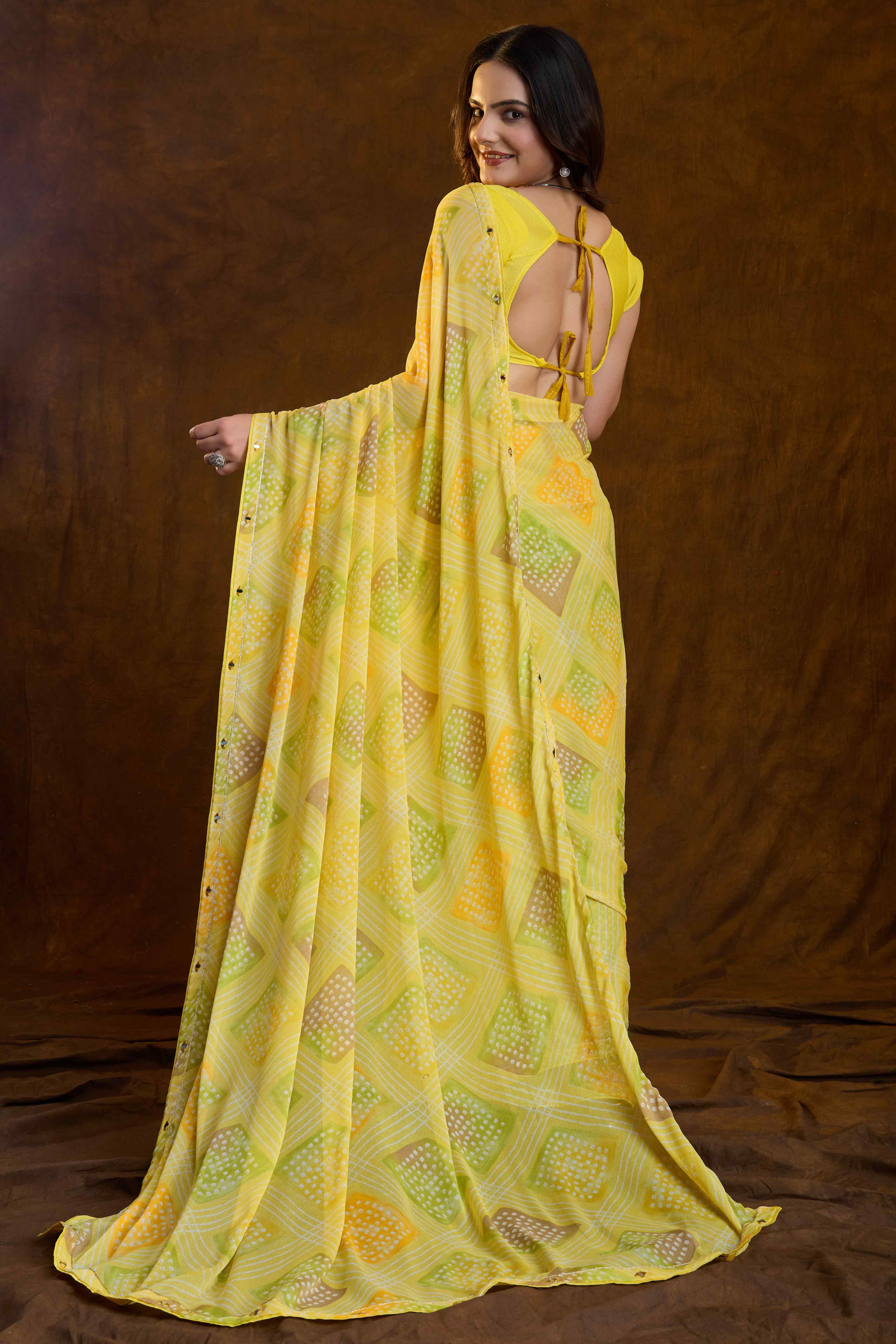 Lemon Yellow Bandhani Printed Chiffon Saree With Sparkling Mirror Work Border