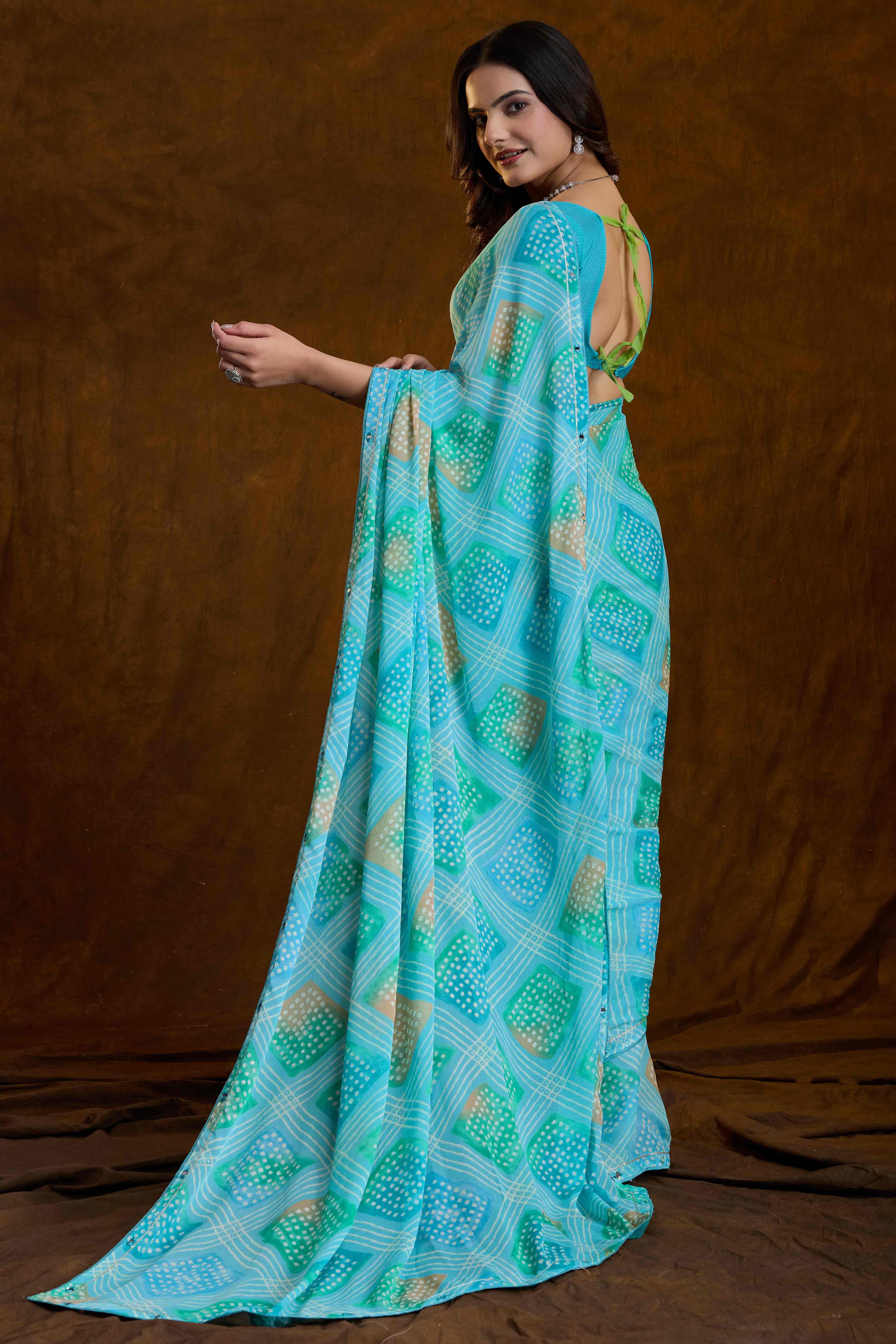 Blue Bandhani Printed Chiffon Saree With Sparkling Mirror Work Border