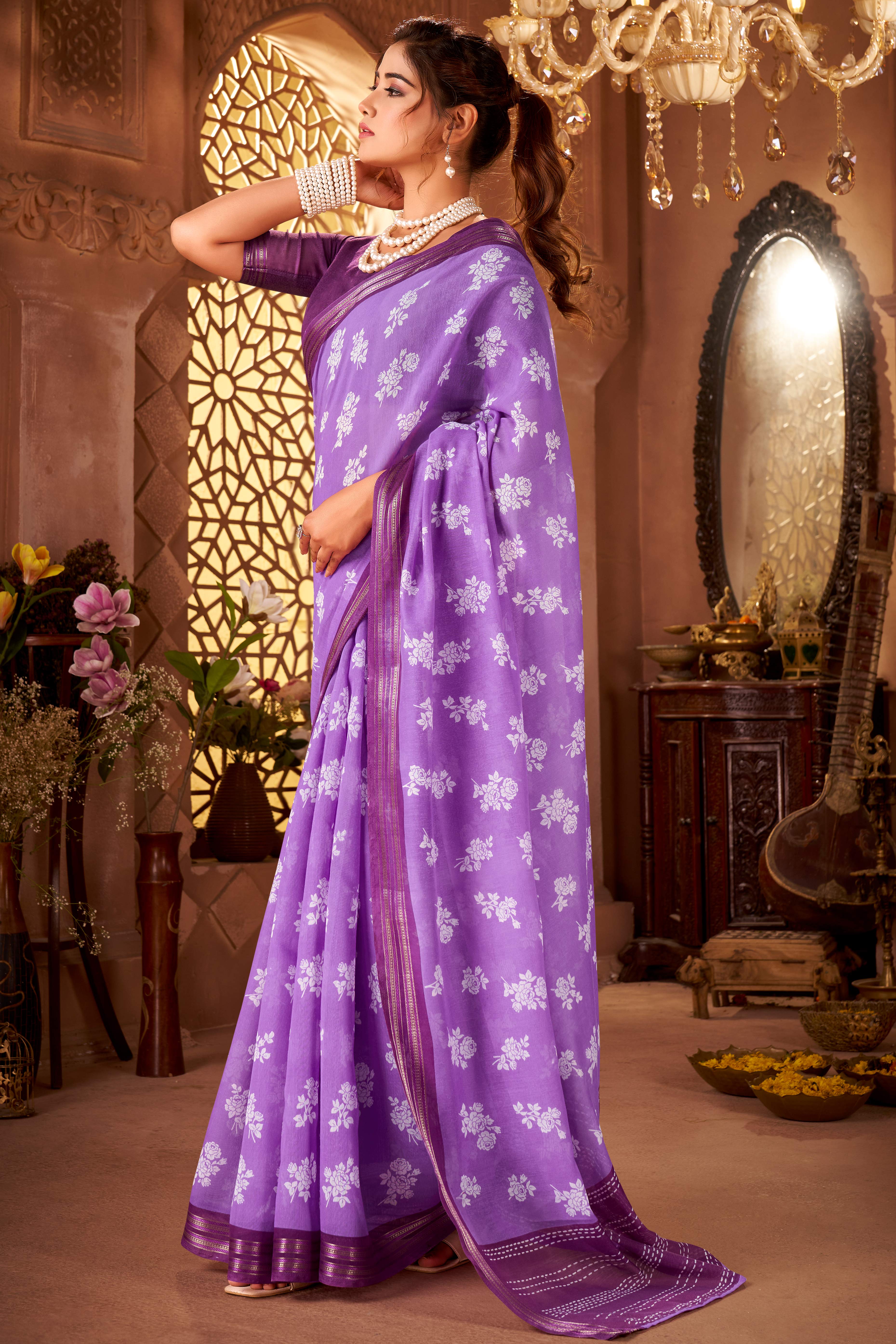 Sophisticated Purple Mulmul Cotton Saree Featuring Delicate Floral Prints & Weaving Border